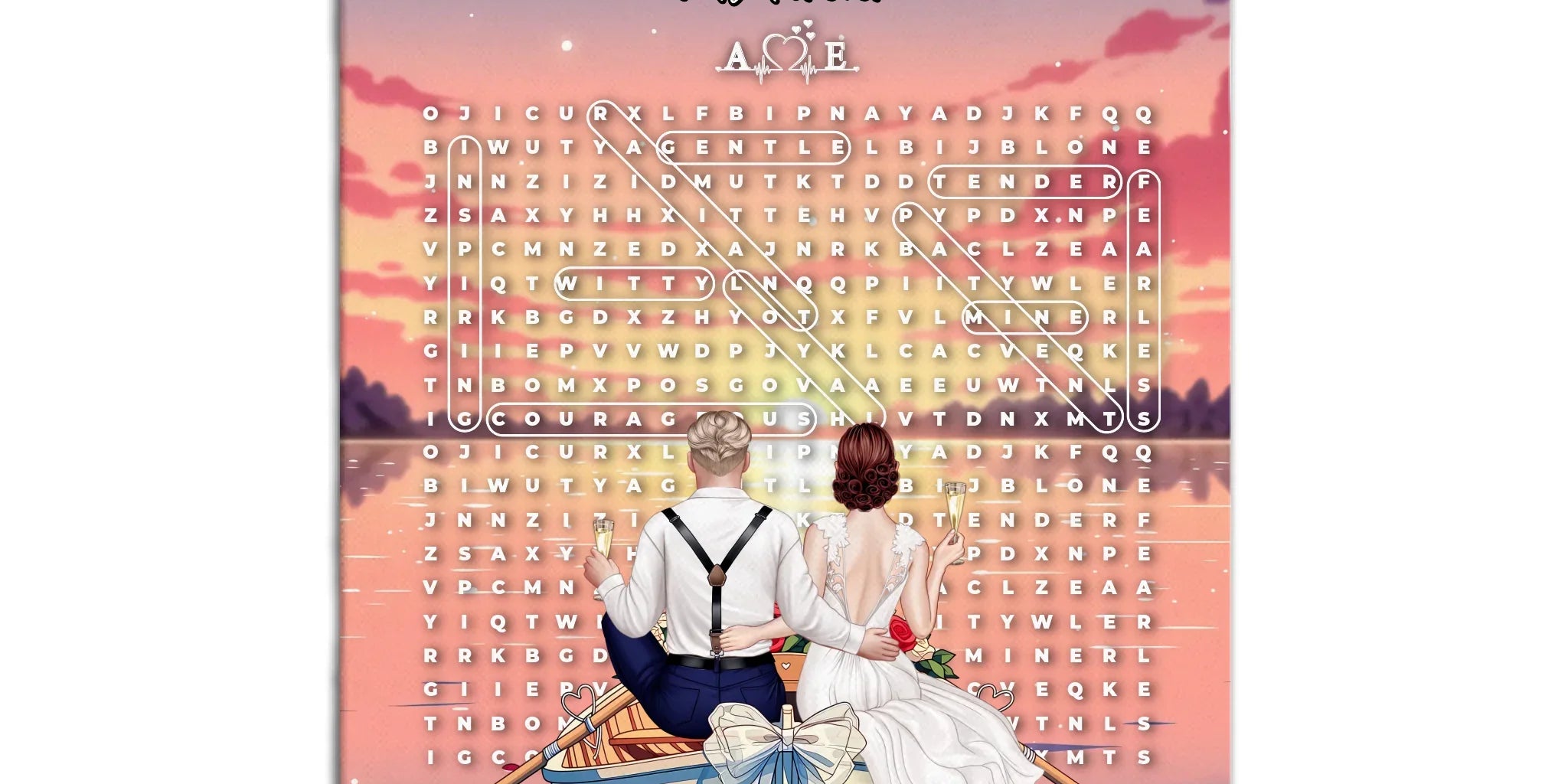 Personalized wedding word search canvas with a bride and groom holding champagne in a bow-decorated rowboat at sunset, custom circled words and heartbeat monogram initials above the grid — LOVECOUPLET