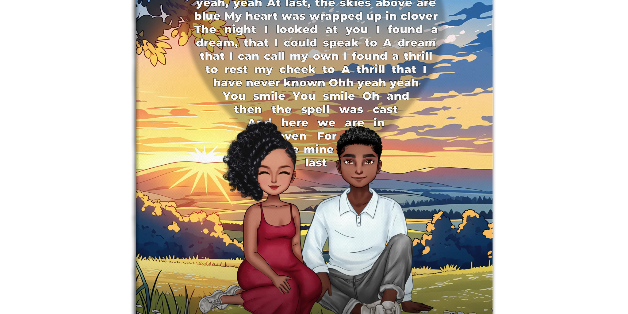 All Along It Was You personalized couple portrait canvas of two front-facing people sitting together in a golden meadow at sunset, with custom lyrics shaped into a heart above them and their names displayed at the bottom — LOVECOUPLET