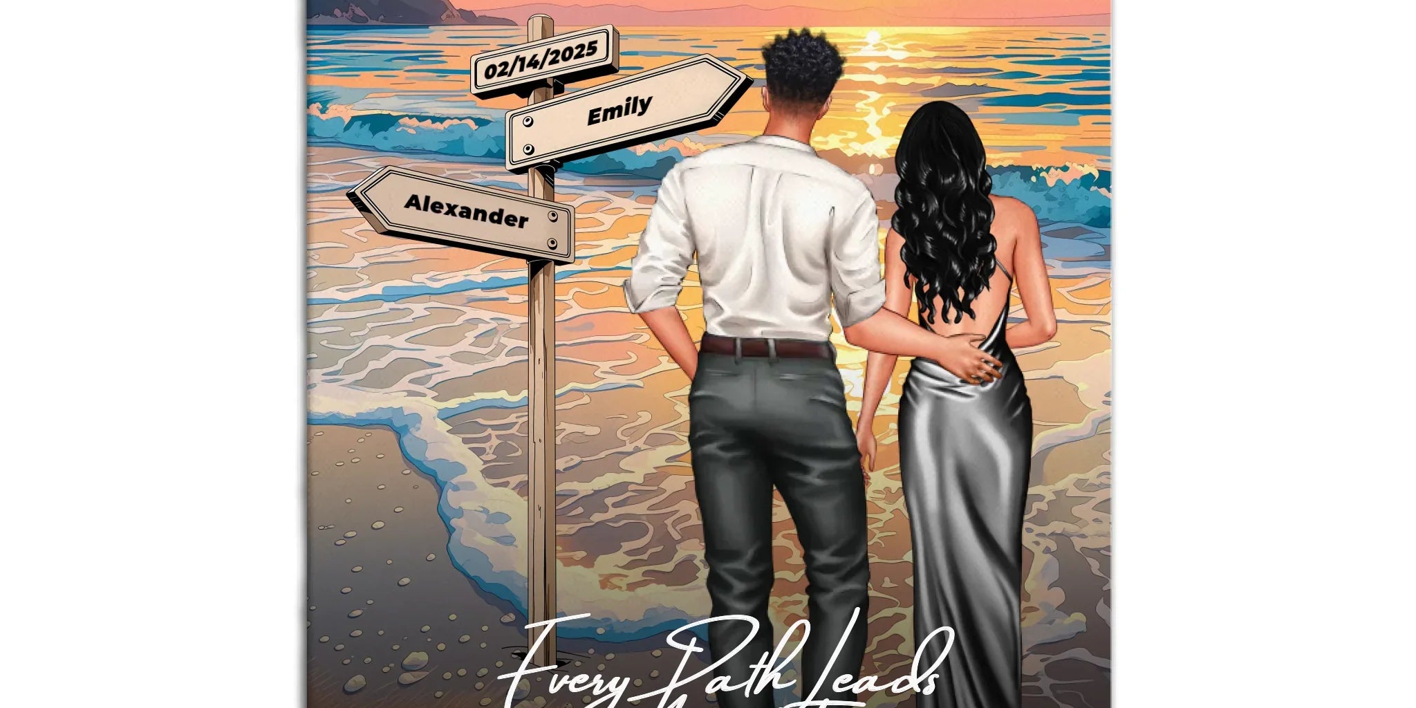 Every Path Leads Me to You personalized couple canvas of two people standing together on a beach at sunset, with custom names and date on a wooden signpost, a custom romantic quote below, and personalized characters — LOVECOUPLET