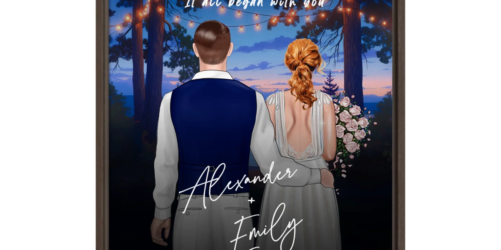 Happily Ever After personalized wedding framed couple canvas of two people standing together under glowing string lights at night, with a custom title, subtitle, handwritten names, wedding date, and personalized characters — LOVECOUPLET