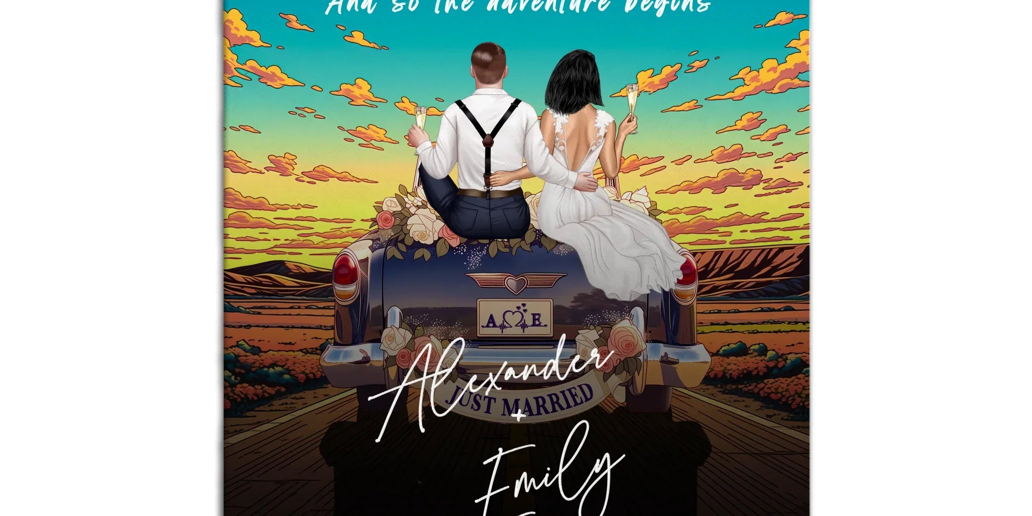 The Adventure Begins personalized wedding couple canvas of two people sitting on the back of a flower-decorated vintage car at sunset, with custom names, wedding date, initials on the license plate, and personalized characters — LOVECOUPLET
