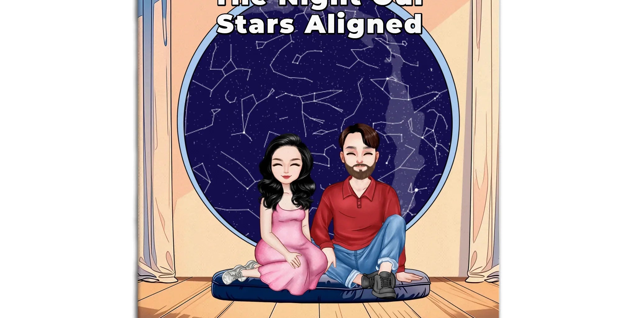 Personalized couple portrait canvas of two front-facing people sitting together indoors beneath a custom star map, with customizable facial features, adult and senior couple options, and optional location name, date, and GPS coordinates — LOVECOUPLET