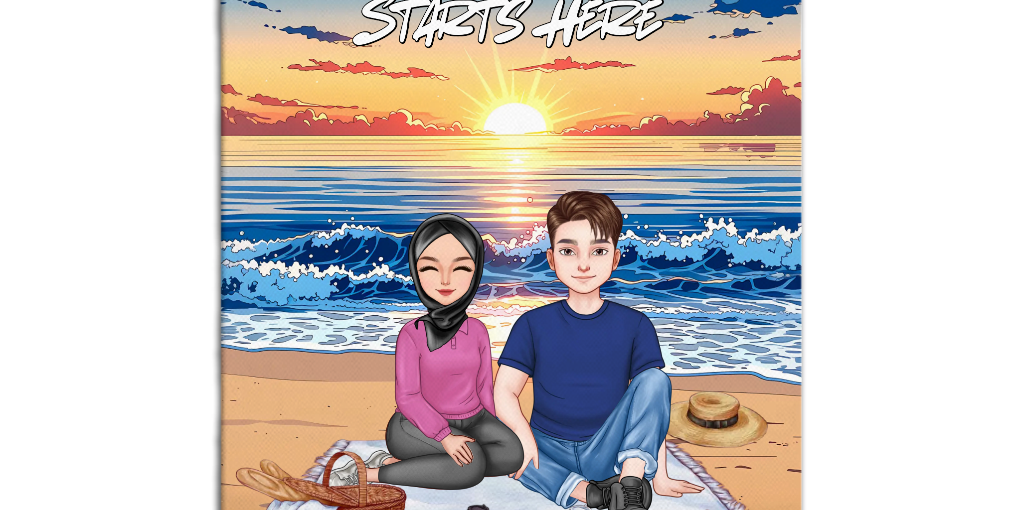 Personalized muslim couple portrait canvas of two front-facing people sitting together on a beach picnic blanket under the stars, with customizable facial features, adult and senior couple options — LOVECOUPLET