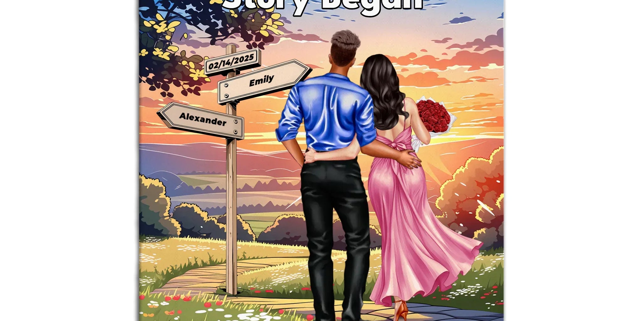 Where Our Story Began personalized couple canvas of two people standing together at sunset with a custom title above them, names and date on a wooden signpost, and personalized characters — LOVECOUPLET