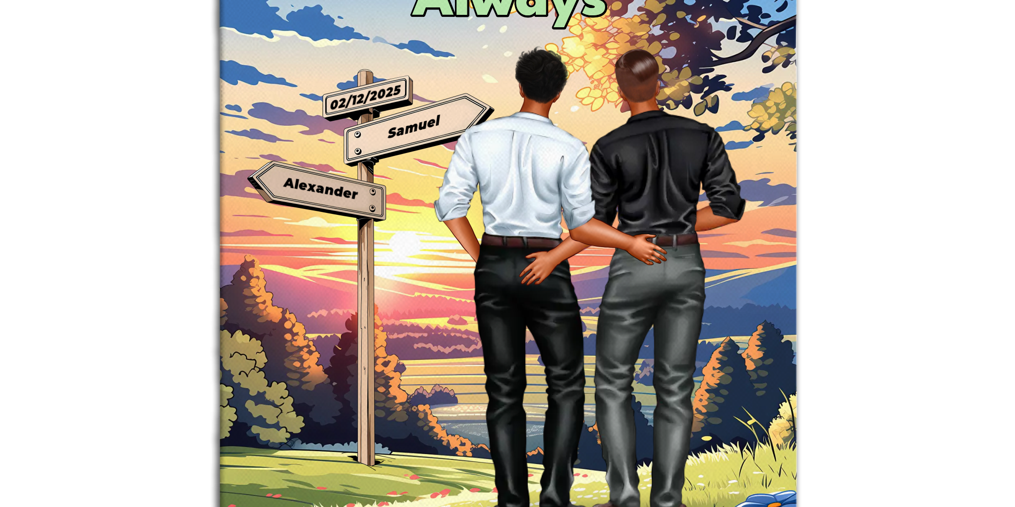Where Our Story Began personalized gay couple canvas of two people standing together at sunset with a custom title above them, names and date on a wooden signpost, and personalized characters — LOVECOUPLET