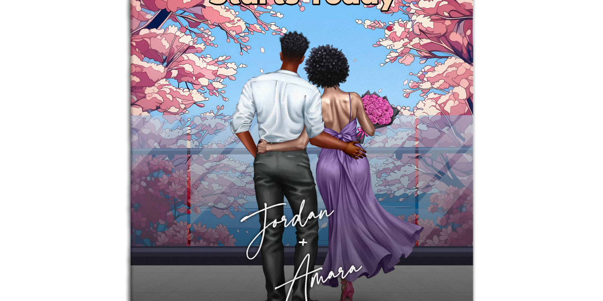 You & Me Always personalized couple canvas of two people standing together beneath blooming pink flowers, with a custom title, handwritten names, date, and personalized characters — LOVECOUPLET