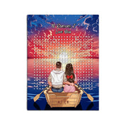 Personalized couple word search canvas with a couple in a rowboat at sunset, the 10 reasons they love each other circled in a custom word search, and monogrammed initials carved into the boat — LOVECOUPLET