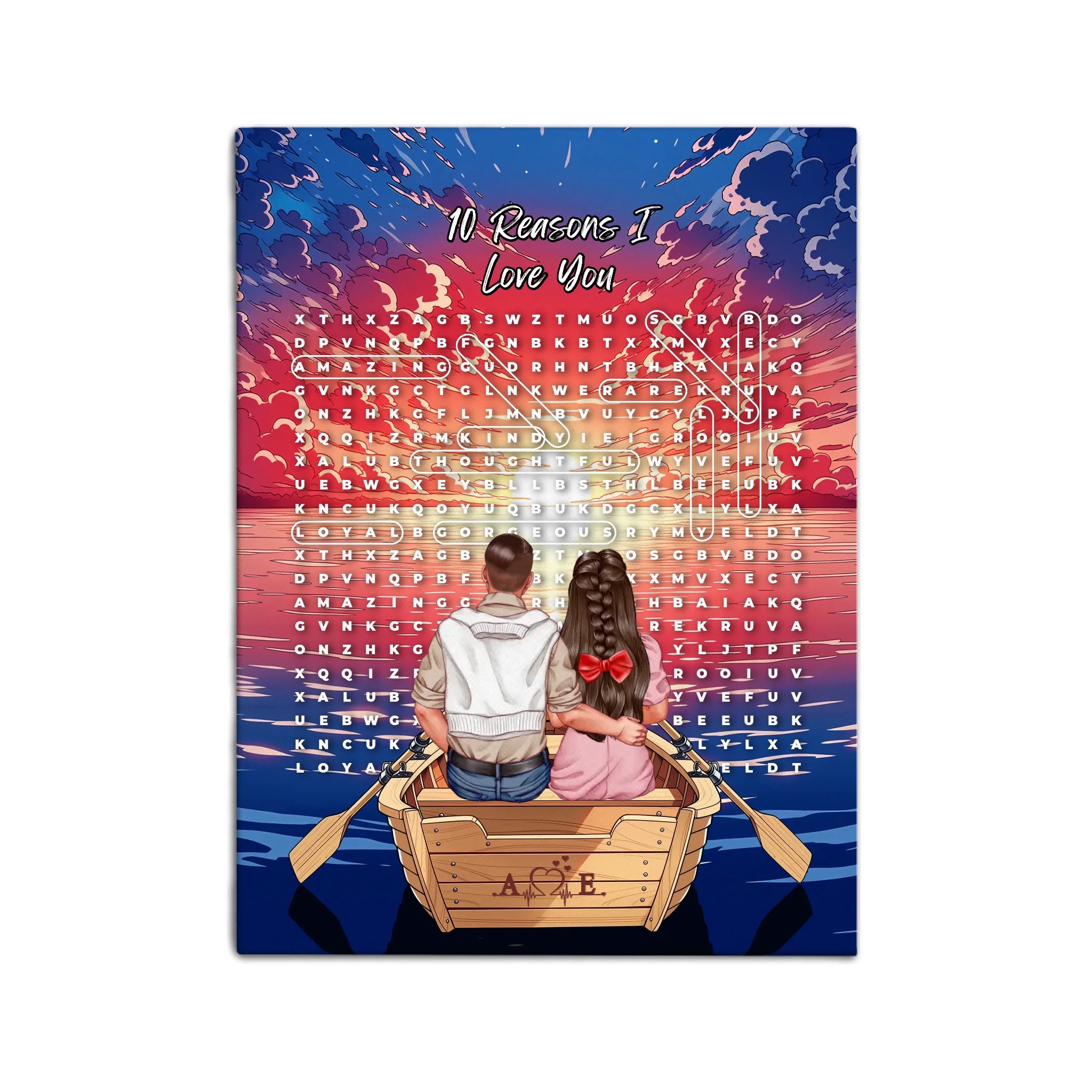 Personalized couple word search canvas with a couple in a rowboat at sunset, the 10 reasons they love each other circled in a custom word search, and monogrammed initials carved into the boat — LOVECOUPLET