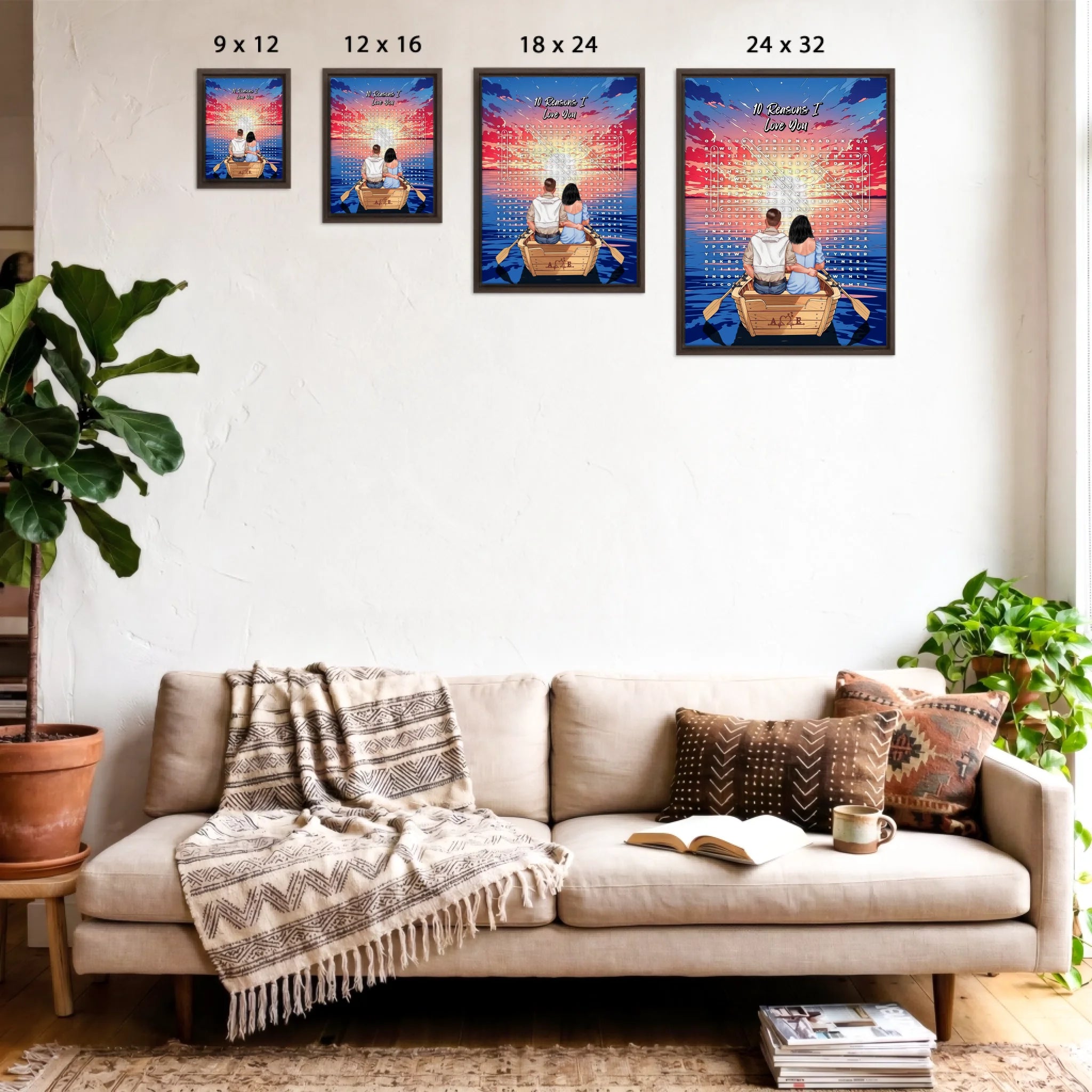 Personalized couple word search framed canvas with a couple in a rowboat at sunset, the 10 reasons they love each other circled in a custom word search, and monogrammed initials carved into the boat — LOVECOUPLET