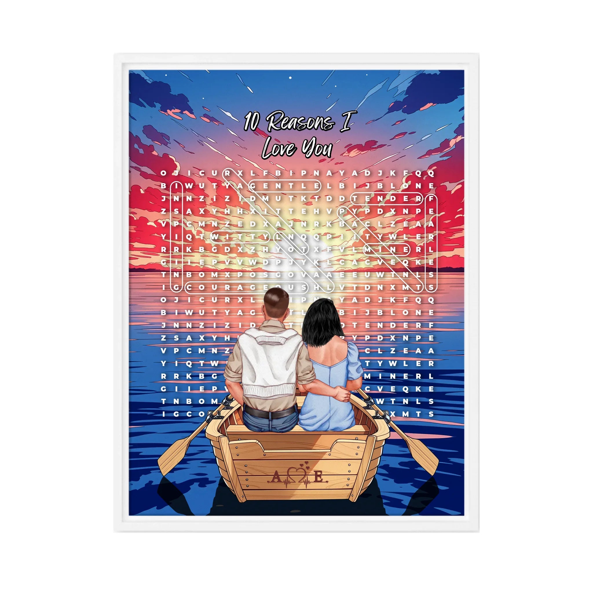 Personalized couple word search framed canvas with a couple in a rowboat at sunset, the 10 reasons they love each other circled in a custom word search, and monogrammed initials carved into the boat — LOVECOUPLET