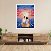 Personalized couple word search framed canvas with a couple in a rowboat at sunset, the 10 reasons they love each other circled in a custom word search, and monogrammed initials carved into the boat — LOVECOUPLET