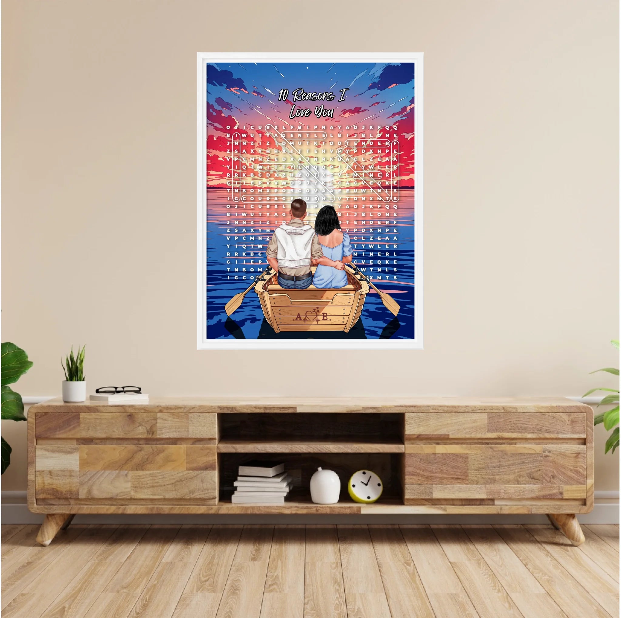 Personalized couple word search framed canvas with a couple in a rowboat at sunset, the 10 reasons they love each other circled in a custom word search, and monogrammed initials carved into the boat — LOVECOUPLET