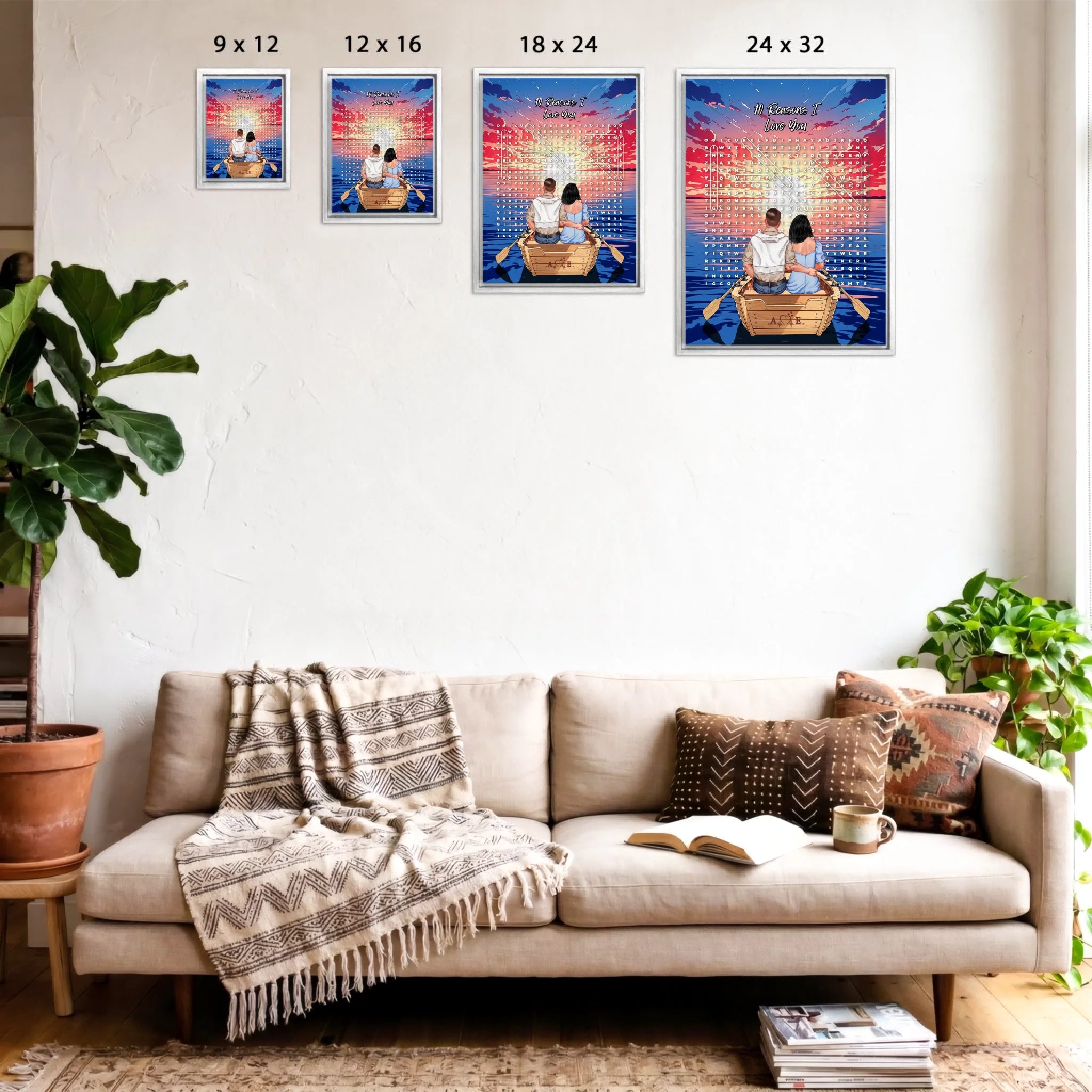 Personalized couple word search framed canvas with a couple in a rowboat at sunset, the 10 reasons they love each other circled in a custom word search, and monogrammed initials carved into the boat — LOVECOUPLET