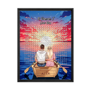 Personalized couple word search canvas with a couple in a rowboat at sunset, the 10 reasons they love each other circled in a custom word search, and monogrammed initials carved into the boat — LOVECOUPLET