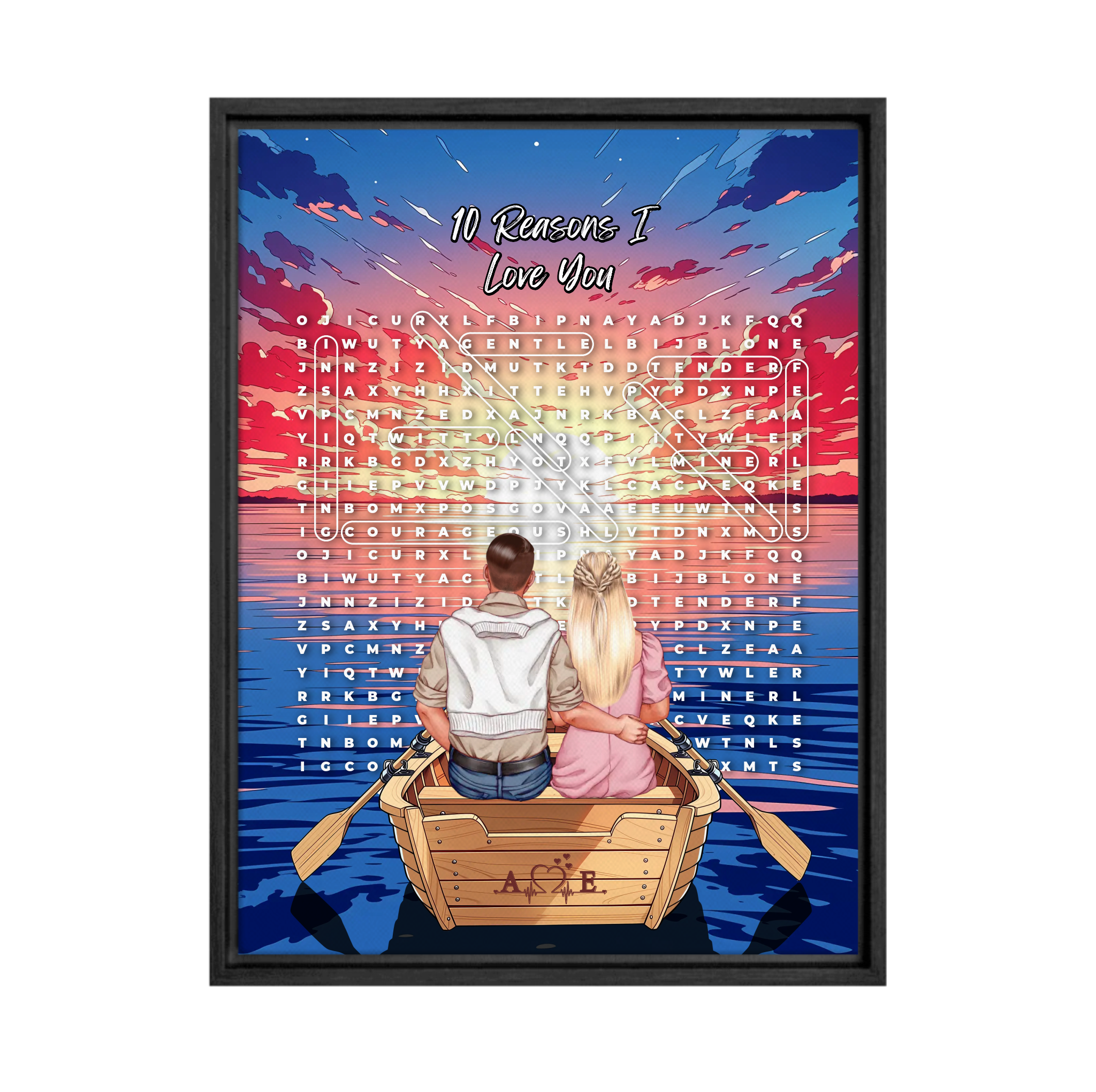 Personalized couple word search canvas with a couple in a rowboat at sunset, the 10 reasons they love each other circled in a custom word search, and monogrammed initials carved into the boat — LOVECOUPLET