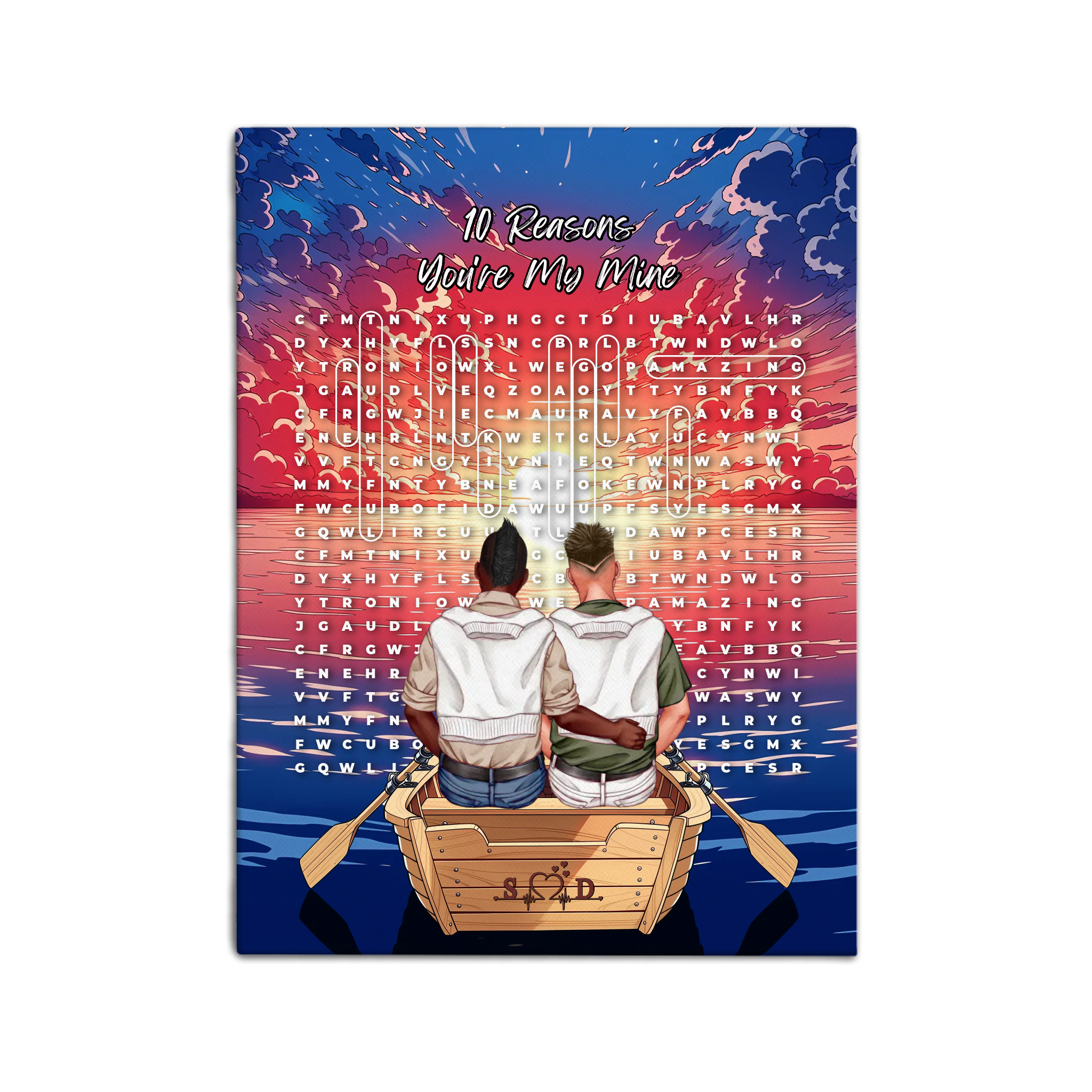 Personalized couple word search canvas with a gay couple in a rowboat at sunset, the 10 reasons they love each other circled in a custom word search, and monogrammed initials carved into the boat — LOVECOUPLET