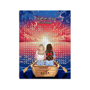 Personalized couple word search canvas with a lesbian couple in a rowboat at sunset, the 10 reasons they love each other circled in a custom word search, and monogrammed initials carved into the boat — LOVECOUPLET