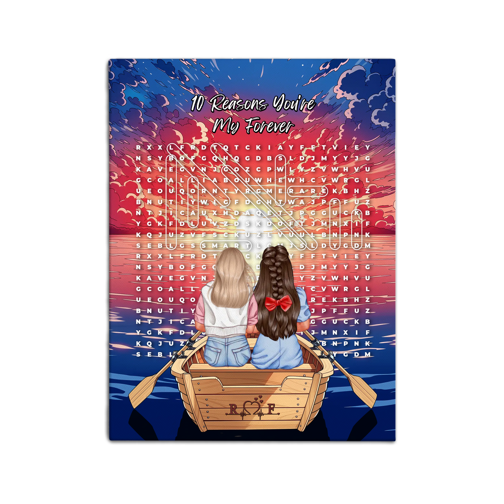 Personalized couple word search canvas with a lesbian couple in a rowboat at sunset, the 10 reasons they love each other circled in a custom word search, and monogrammed initials carved into the boat — LOVECOUPLET