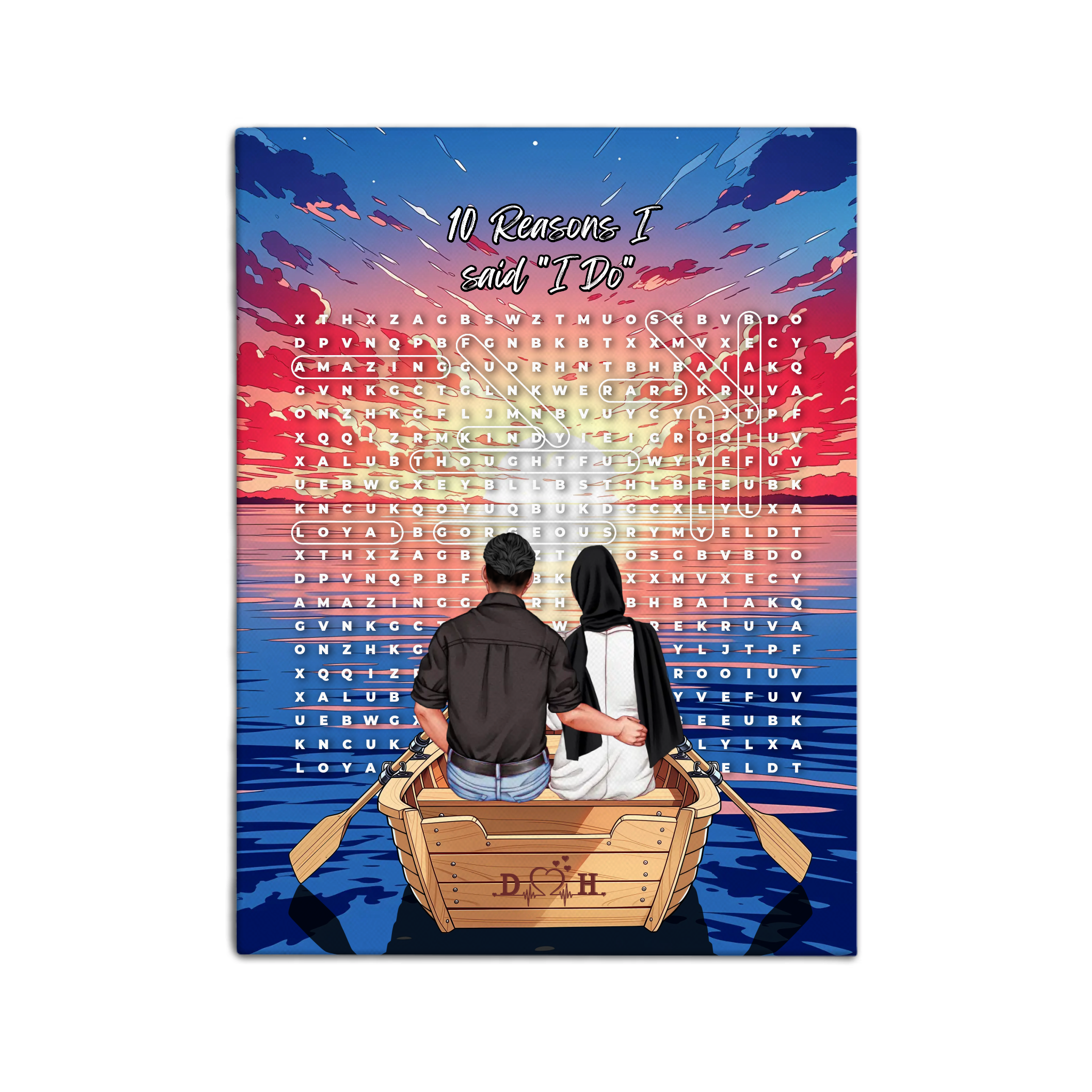 Personalized couple word search canvas with a muslim couple in a rowboat at sunset, the 10 reasons they love each other circled in a custom word search, and monogrammed initials carved into the boat — LOVECOUPLET