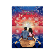 Personalized couple word search canvas with a couple in a rowboat at sunset, the 10 reasons they love each other circled in a custom word search, and monogrammed initials carved into the boat — LOVECOUPLET