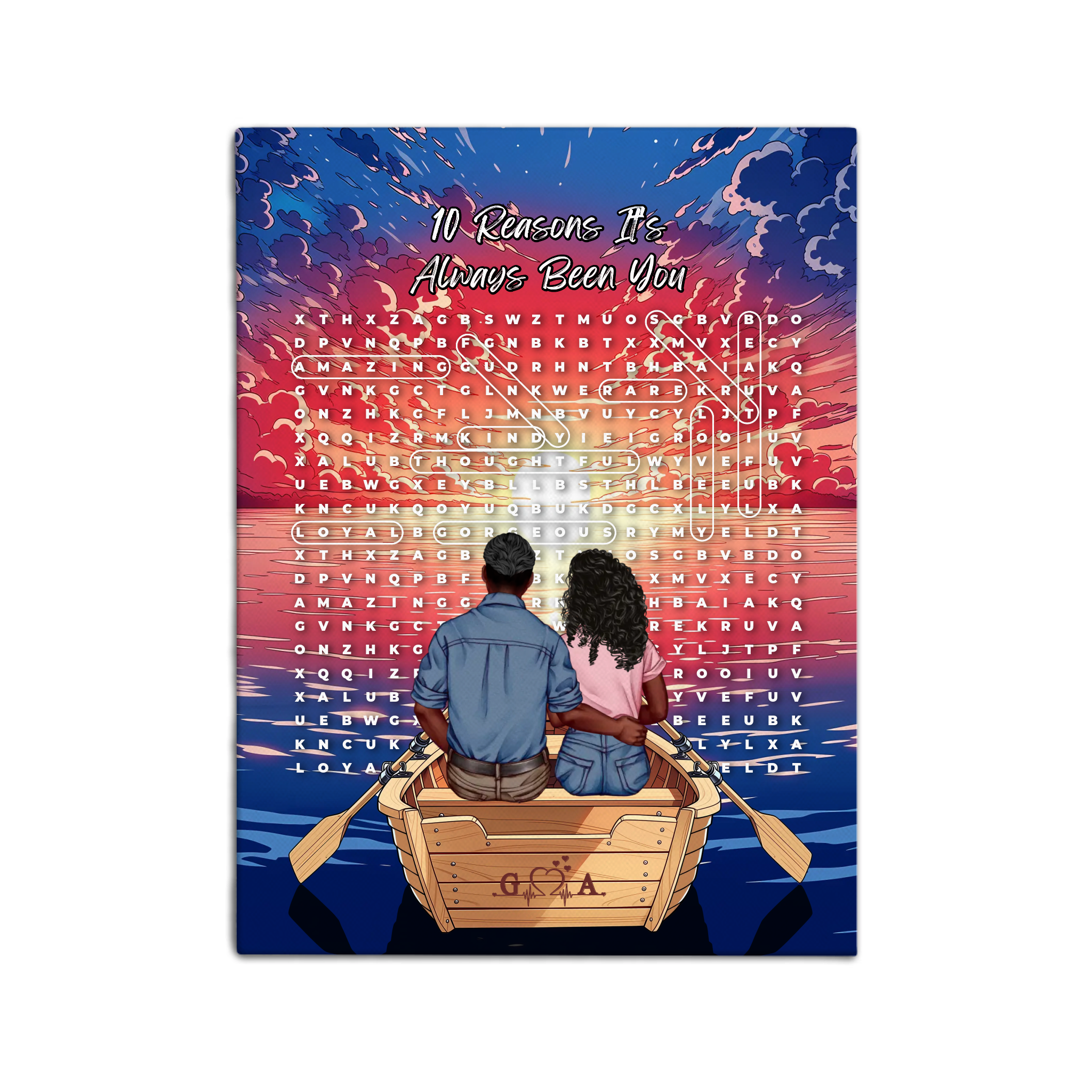 Personalized couple word search canvas with a couple in a rowboat at sunset, the 10 reasons they love each other circled in a custom word search, and monogrammed initials carved into the boat — LOVECOUPLET