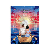Personalized couple word search canvas with a couple in a rowboat at sunset, the 10 reasons they love each other circled in a custom word search, and monogrammed initials carved into the boat — LOVECOUPLET