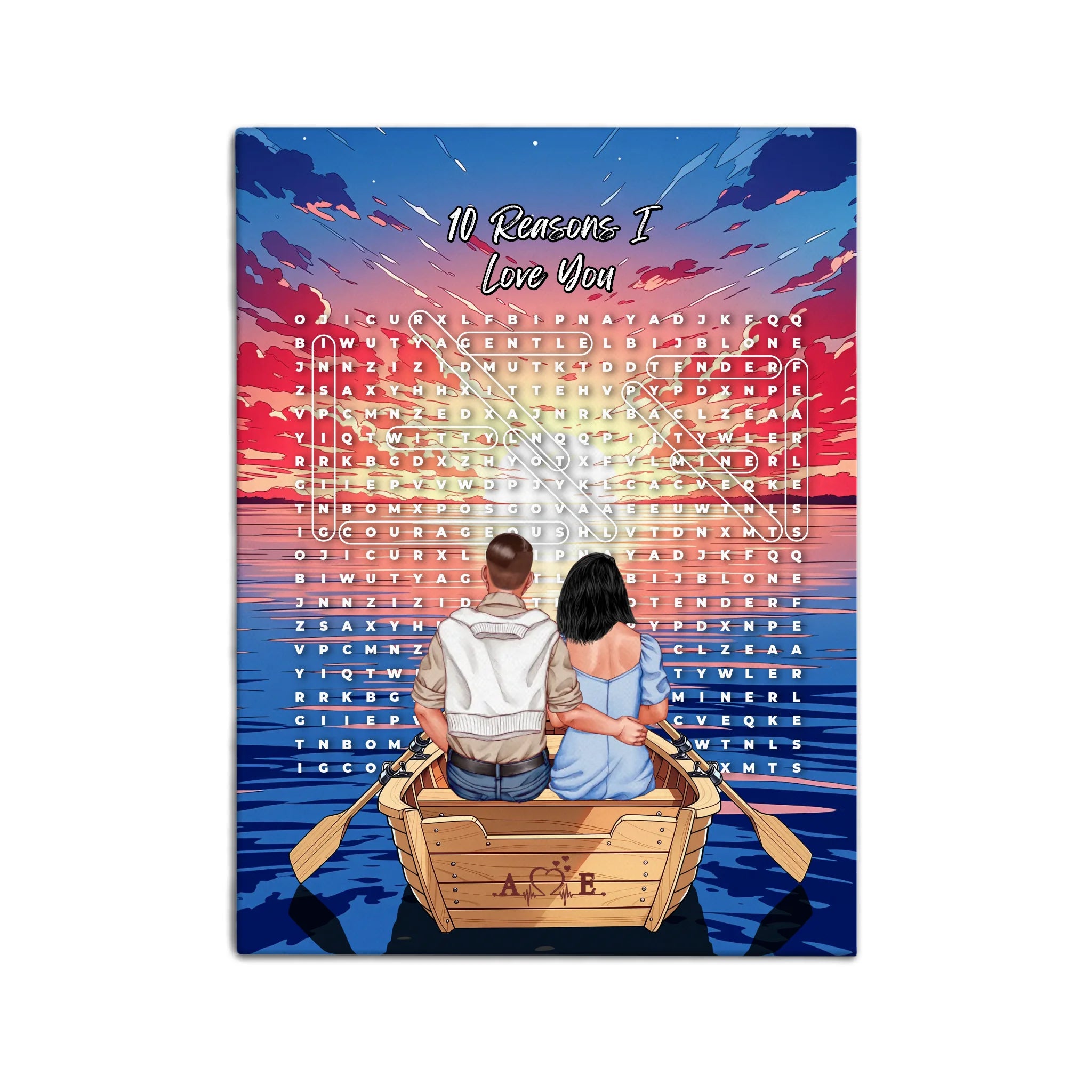 Personalized couple word search canvas with a couple in a rowboat at sunset, the 10 reasons they love each other circled in a custom word search, and monogrammed initials carved into the boat — LOVECOUPLET