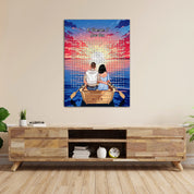 Personalized couple word search canvas with a couple in a rowboat at sunset, the 10 reasons they love each other circled in a custom word search, and monogrammed initials carved into the boat — LOVECOUPLET