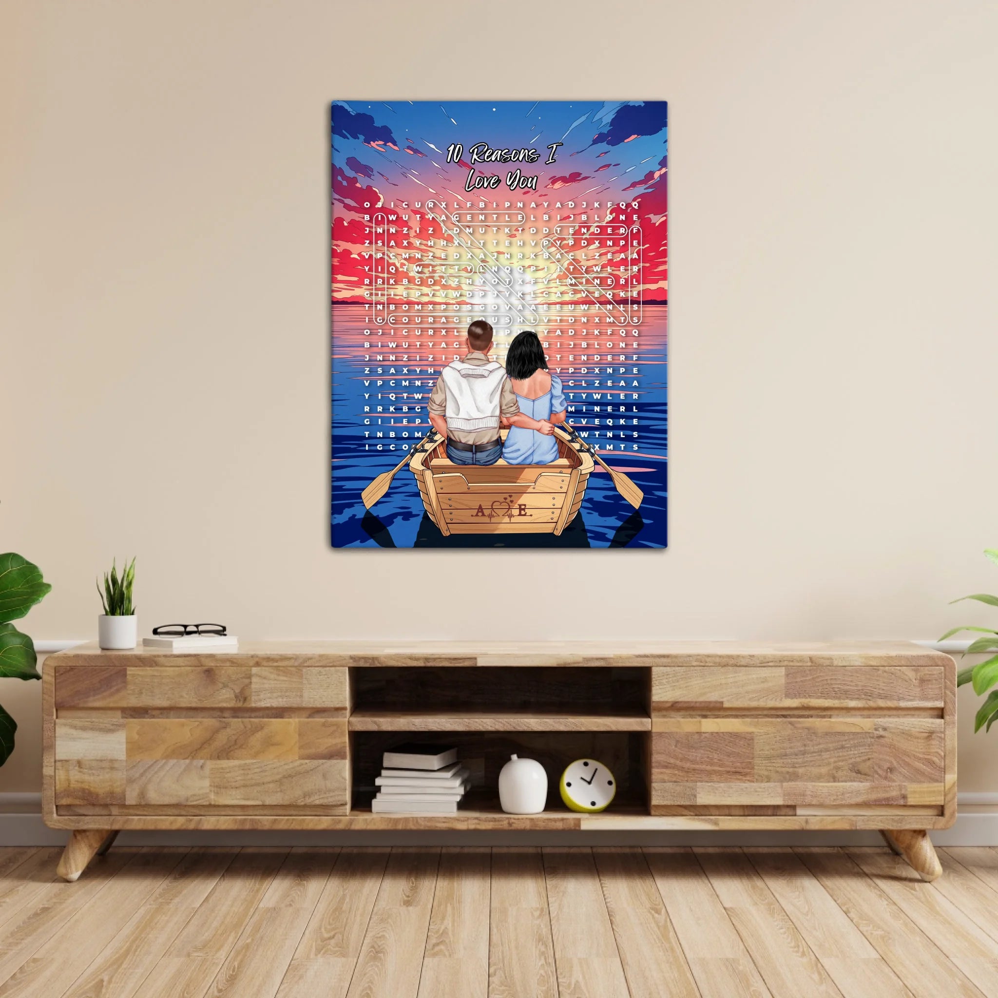 Personalized couple word search canvas with a couple in a rowboat at sunset, the 10 reasons they love each other circled in a custom word search, and monogrammed initials carved into the boat — LOVECOUPLET