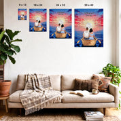 Personalized couple word search canvas with a couple in a rowboat at sunset, the 10 reasons they love each other circled in a custom word search, and monogrammed initials carved into the boat — LOVECOUPLET