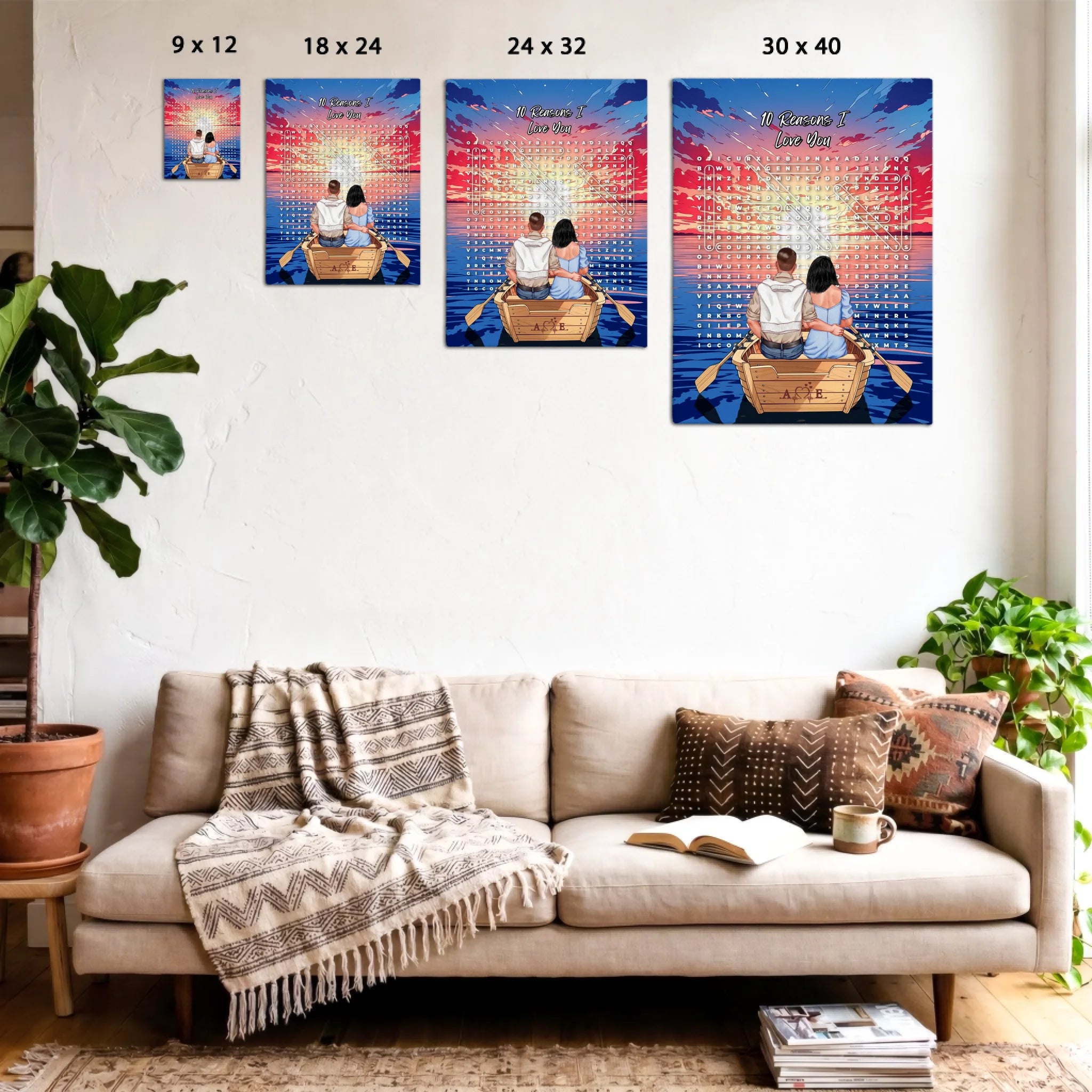 Personalized couple word search canvas with a couple in a rowboat at sunset, the 10 reasons they love each other circled in a custom word search, and monogrammed initials carved into the boat — LOVECOUPLET