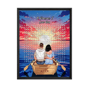 Personalized couple word search framed canvas with a couple in a rowboat at sunset, the 10 reasons they love each other circled in a custom word search, and monogrammed initials carved into the boat — LOVECOUPLET