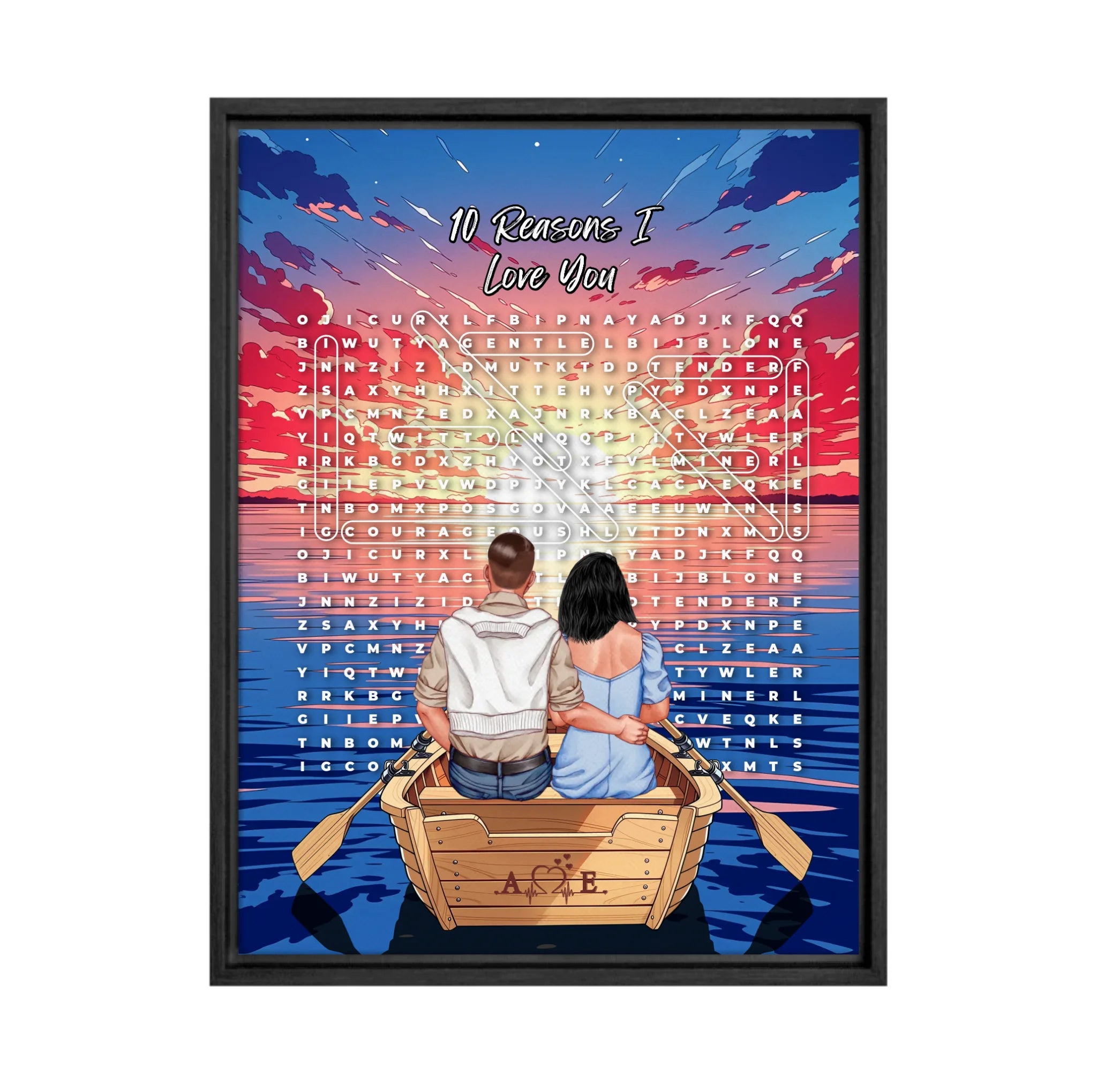 Personalized couple word search framed canvas with a couple in a rowboat at sunset, the 10 reasons they love each other circled in a custom word search, and monogrammed initials carved into the boat — LOVECOUPLET