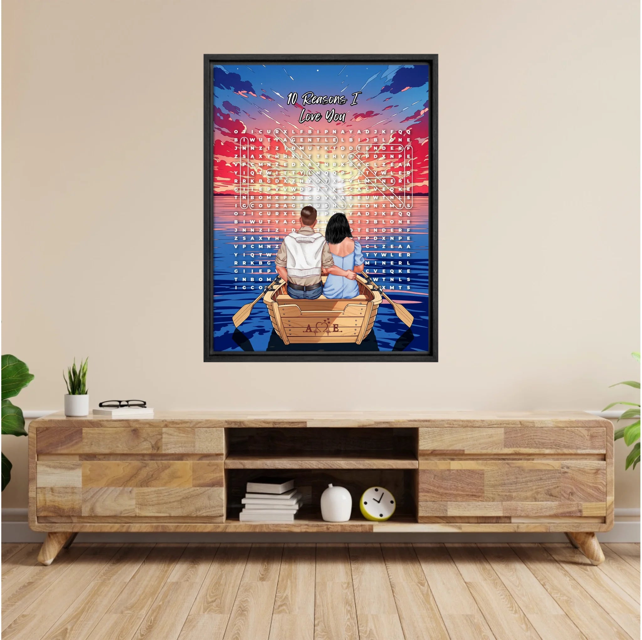 Personalized couple word search framed canvas with a couple in a rowboat at sunset, the 10 reasons they love each other circled in a custom word search, and monogrammed initials carved into the boat — LOVECOUPLET