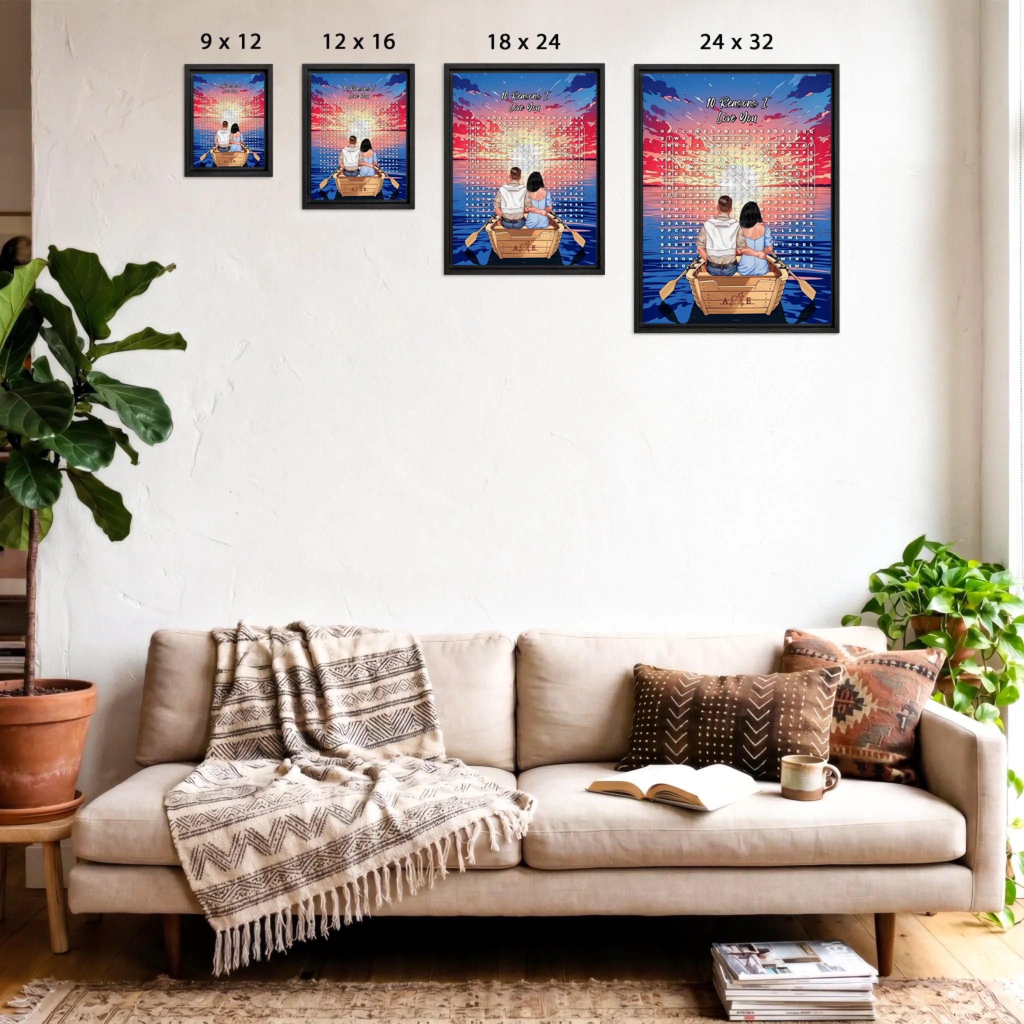 Personalized couple word search framed canvas with a couple in a rowboat at sunset, the 10 reasons they love each other circled in a custom word search, and monogrammed initials carved into the boat — LOVECOUPLET