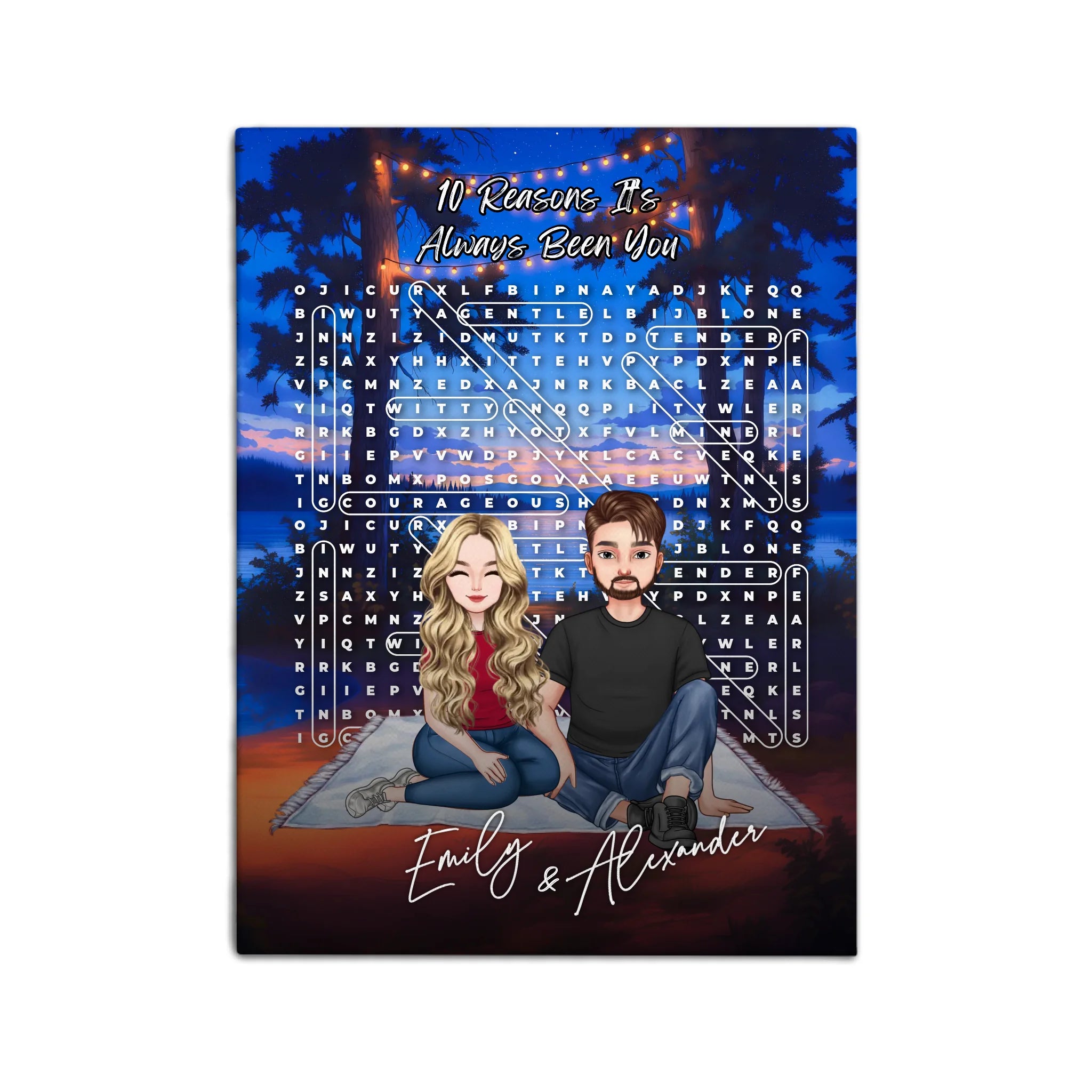 10 Reasons It’s Always Been You personalized couple portrait word search canvas of two front-facing people sitting together under string lights by the water, with 10 custom words circled in the grid and their names displayed at the bottom — LOVECOUPLET