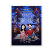 10 Reasons It’s Always Been You personalized couple portrait word search framed canvas of two front-facing people sitting together under string lights by the water, with 10 custom words circled in the grid — LOVECOUPLET