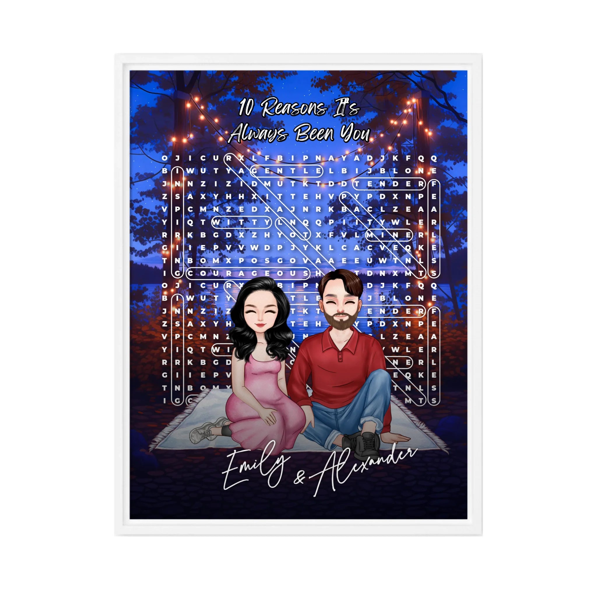 10 Reasons It’s Always Been You personalized couple portrait word search framed canvas of two front-facing people sitting together under string lights by the water, with 10 custom words circled in the grid — LOVECOUPLET