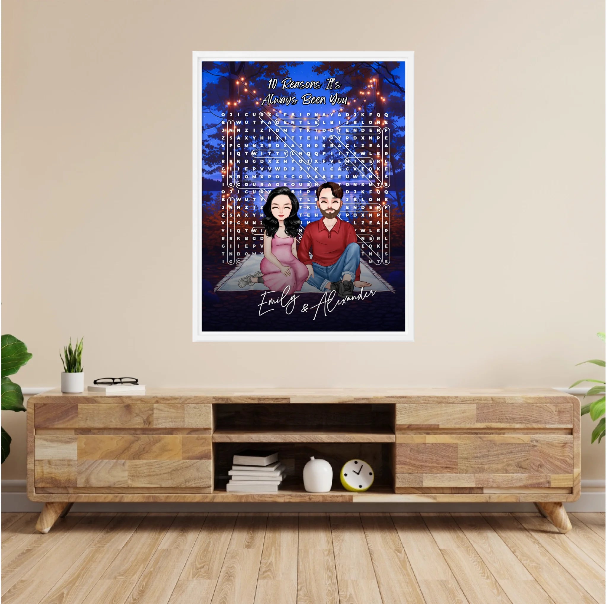 10 Reasons It’s Always Been You personalized couple portrait word search framed canvas of two front-facing people sitting together under string lights by the water, with 10 custom words circled in the grid — LOVECOUPLET