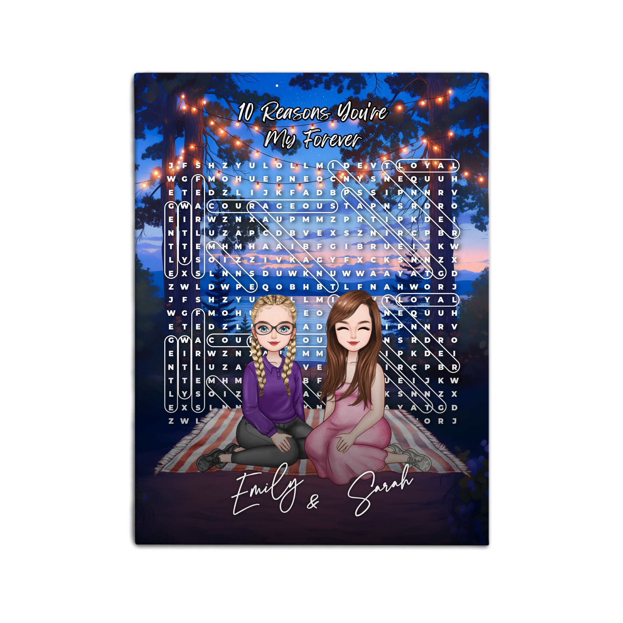10 Reasons It’s Always Been You personalized lesbian couple portrait word search canvas of two front-facing people sitting together under string lights by the water, with 10 custom words circled in the grid and their names displayed at the bottom — LOVECOUPLET
