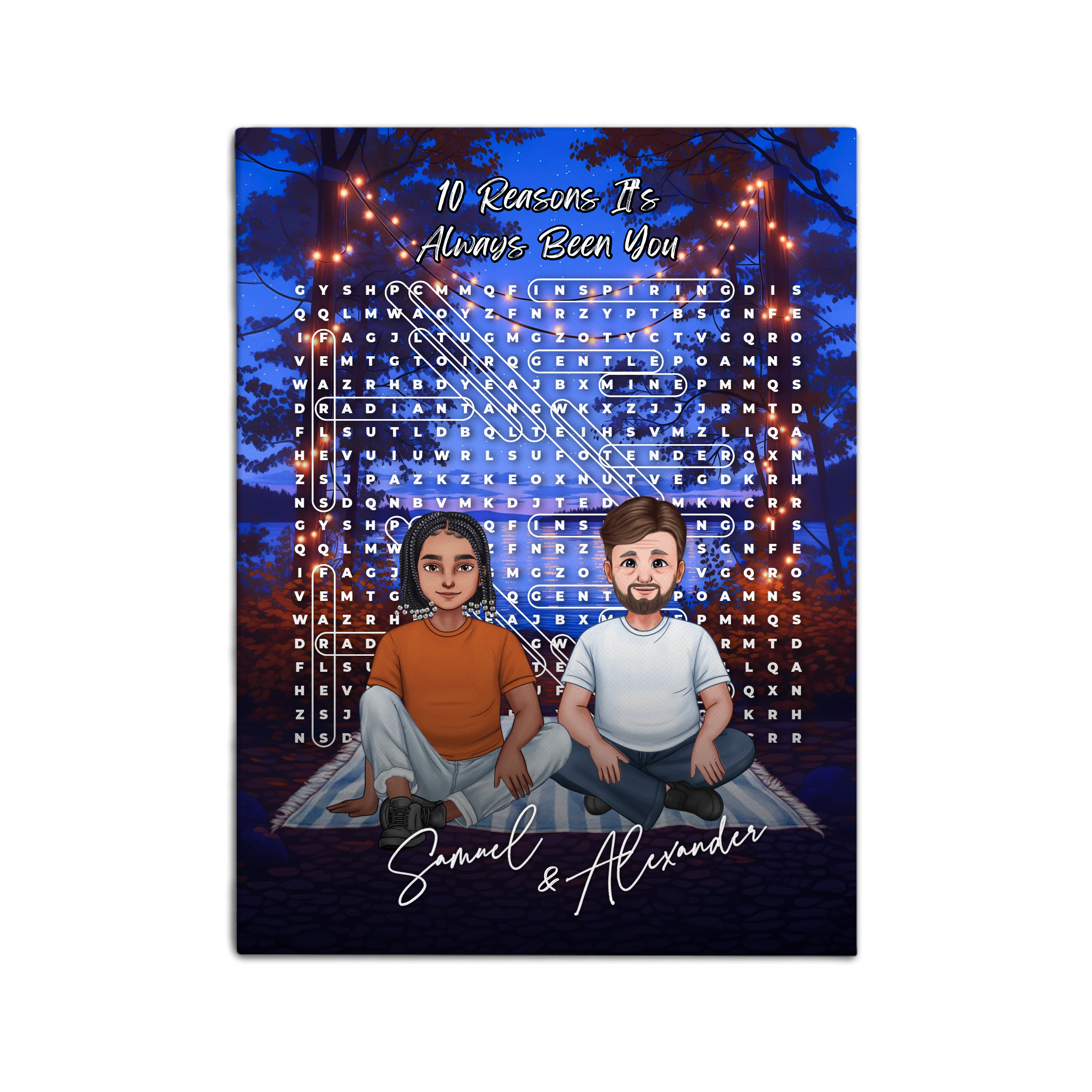 10 Reasons It’s Always Been You personalized gay couple portrait word search canvas of two front-facing people sitting together under string lights by the water, with 10 custom words circled in the grid and their names displayed at the bottom — LOVECOUPLET