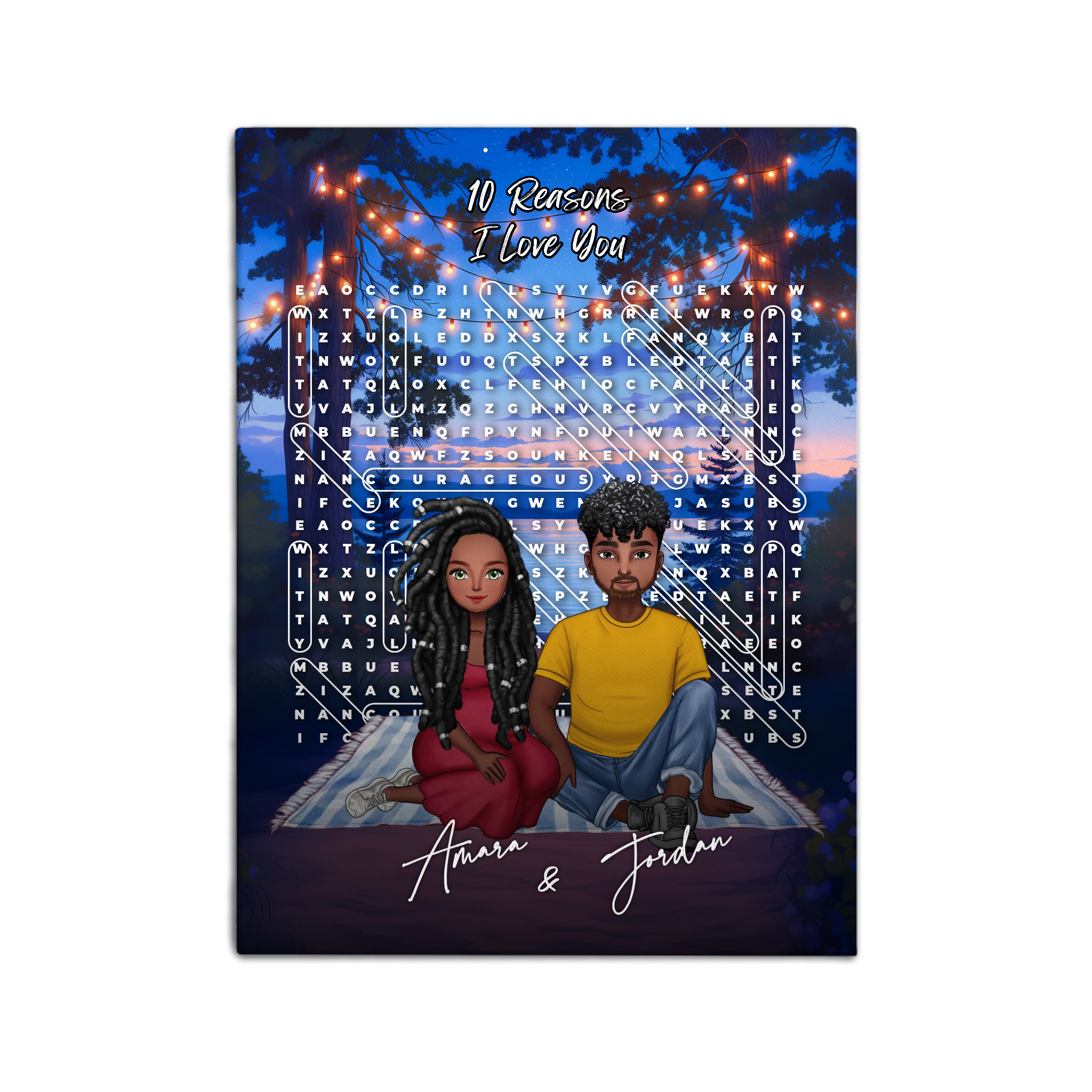 10 Reasons It’s Always Been You personalized couple portrait word search canvas of two front-facing people sitting together under string lights by the water, with 10 custom words circled in the grid and their names displayed at the bottom — LOVECOUPLET