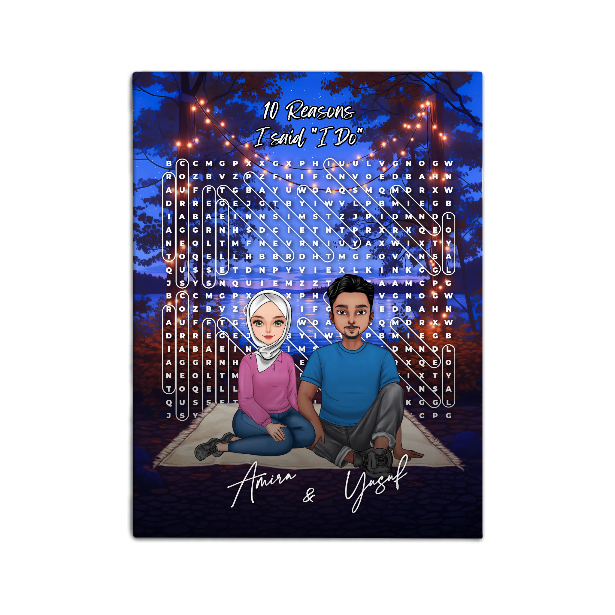 10 Reasons It’s Always Been You personalized muslim couple portrait word search canvas of two front-facing people sitting together under string lights by the water, with 10 custom words circled in the grid and their names displayed at the bottom — LOVECOUPLET
