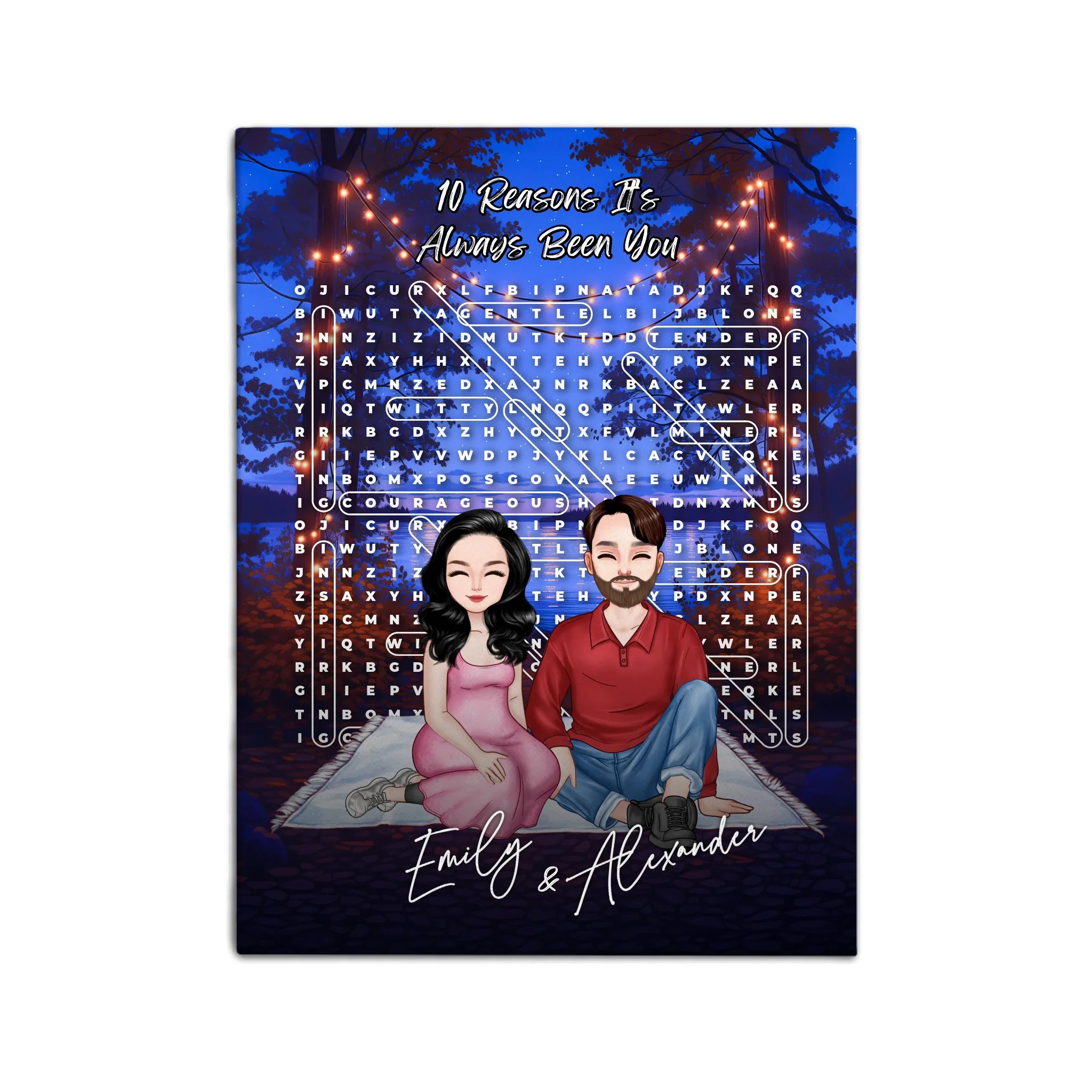 10 Reasons It’s Always Been You personalized couple portrait word search canvas of two front-facing people sitting together under string lights by the water, with 10 custom words circled in the grid and their names displayed at the bottom — LOVECOUPLET