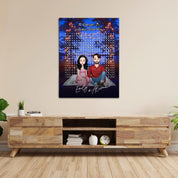 10 Reasons It’s Always Been You personalized couple portrait word search canvas of two front-facing people sitting together under string lights by the water, with 10 custom words circled in the grid and their names displayed at the bottom — LOVECOUPLET
