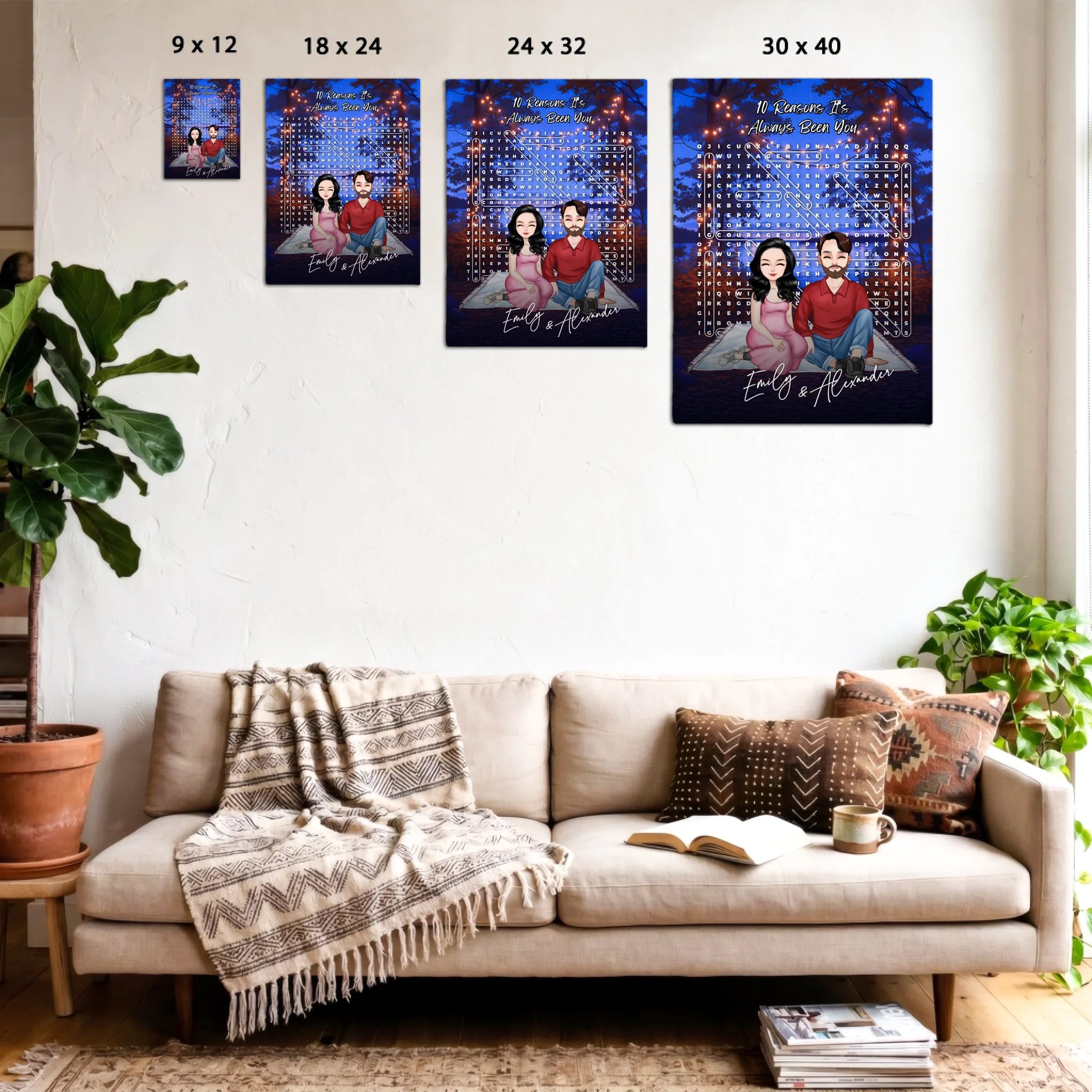 10 Reasons It’s Always Been You personalized couple portrait word search canvas of two front-facing people sitting together under string lights by the water, with 10 custom words circled in the grid and their names displayed at the bottom — LOVECOUPLET