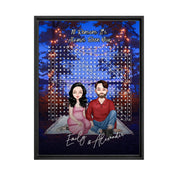 10 Reasons It’s Always Been You personalized couple portrait word search framed canvas of two front-facing people sitting together under string lights by the water, with 10 custom words circled in the grid — LOVECOUPLET