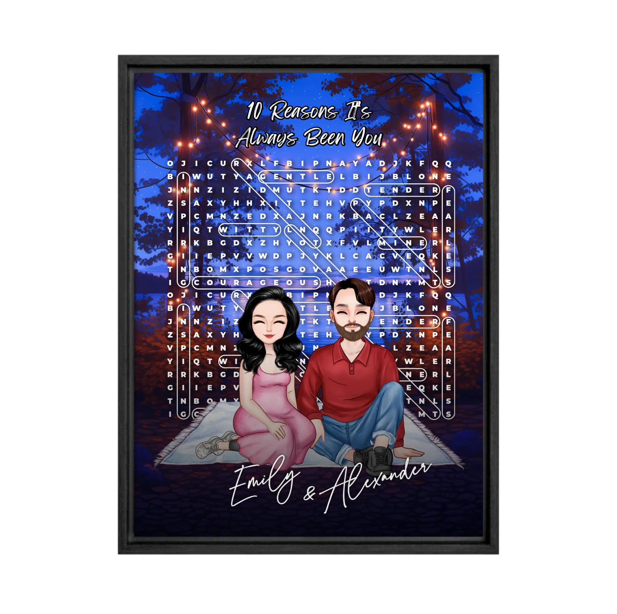 10 Reasons It’s Always Been You personalized couple portrait word search framed canvas of two front-facing people sitting together under string lights by the water, with 10 custom words circled in the grid — LOVECOUPLET