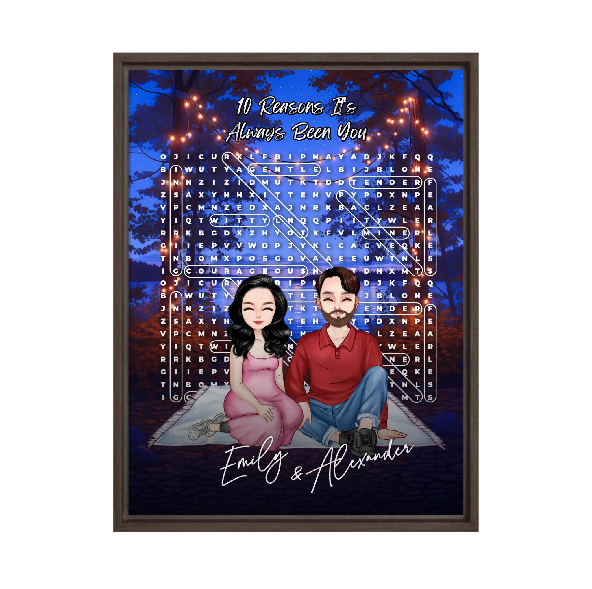 10 Reasons It’s Always Been You personalized couple portrait word search framed canvas of two front-facing people sitting together under string lights by the water, with 10 custom words circled in the grid — LOVECOUPLET