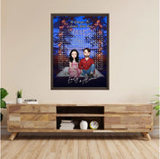 10 Reasons It’s Always Been You personalized couple portrait word search framed canvas of two front-facing people sitting together under string lights by the water, with 10 custom words circled in the grid — LOVECOUPLET